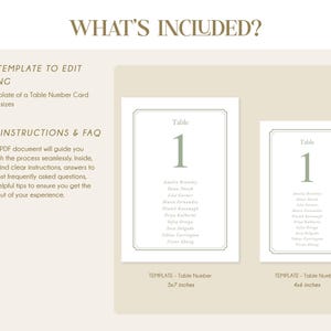 May include: Digital table number card template. Two sizes are available: 12.7 x 17.8 cm and 10.2 x 15.2 cm. Each card displays the number "1" in green, with a list of names. The text "WHAT'S INCLUDED?" is at the top of the image.