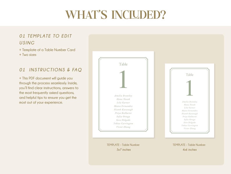 May include: Digital table number card template. Two sizes are available: 12.7 x 17.8 cm and 10.2 x 15.2 cm. Each card displays the number "1" in green, with a list of names. The text "WHAT'S INCLUDED?" is at the top of the image.