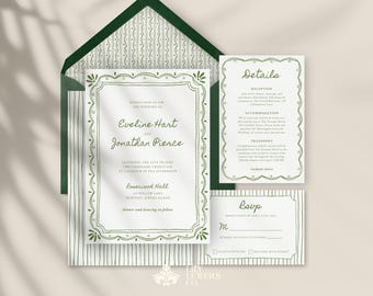 Whimsical Wedding Invitation Template Suite, Hand Drawn Stationery, Green Invite Set, Vintage Aesthetic (Editable in Canva) - INV20
