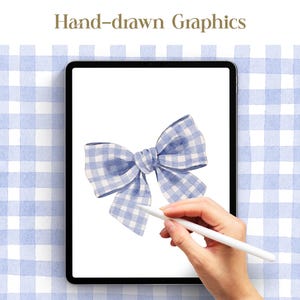 May include: A digital illustration of a blue and white gingham bow on a tablet screen. A person's hand holds the tablet with a stylus. The background is a blue and white gingham pattern. Text at the top reads "Hand-drawn Graphics."