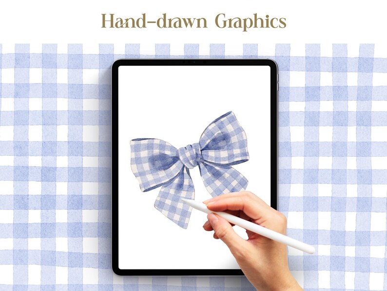 May include: A digital illustration of a blue and white gingham bow on a tablet screen. A person's hand holds the tablet with a stylus. The background is a blue and white gingham pattern. Text at the top reads "Hand-drawn Graphics."