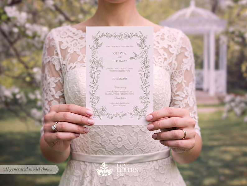 May include: A light pink wedding invitation with floral and bird illustrations. The invitation features the names "Olivia" and "Thomas" and the date "May 19th, 2024". The invitation is held by a person wearing a white lace dress.