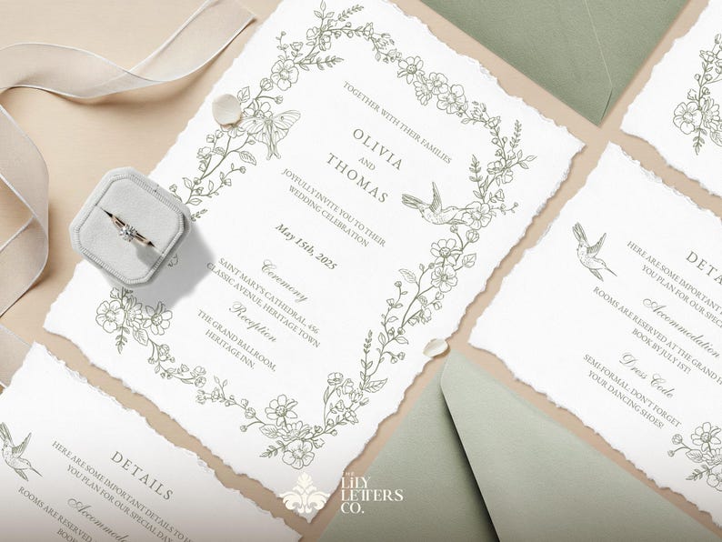 May include: Wedding invitation suite featuring a ring in a gray velvet box, invitation cards, and envelopes. The invitation has floral and hummingbird illustrations, with the names Olivia and Thomas, and the date May 15th, 2025.