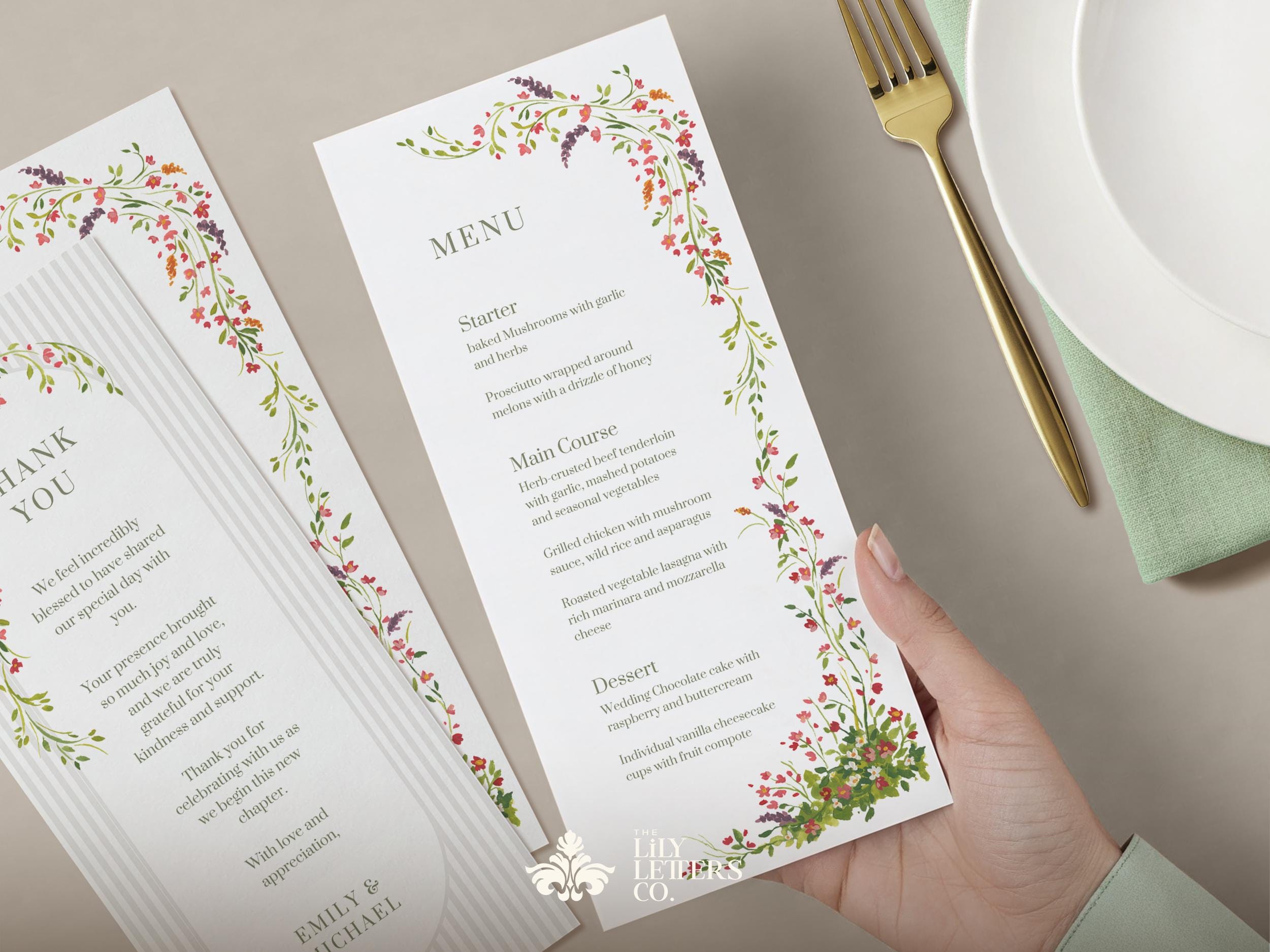 Simple Spring Menu Template Spring Wedding Menu Template, Printable Thank You Card, Napkin Note ...