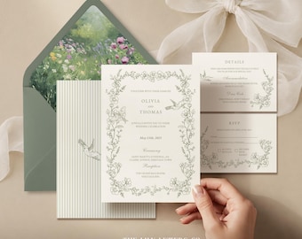May include: A wedding invitation suite featuring a sage green envelope with a floral interior, a striped card, and white cards with botanical line art borders. The text includes names Olivia and Thomas, date May 15th, 2025, and event details.