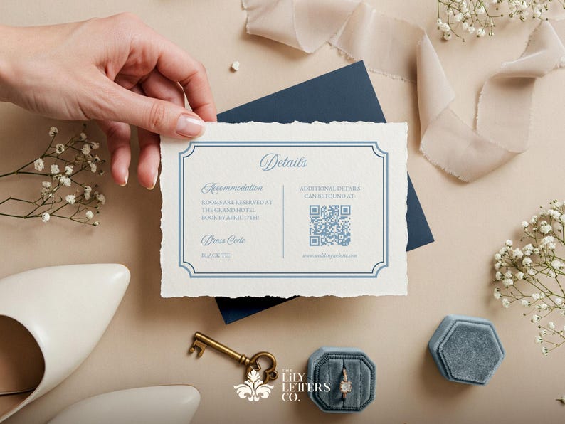 May include: A white card with blue text and a blue border. The card has the word "Details" at the top and includes information about accommodation, dress code, and additional details. A QR code is included for additional details.