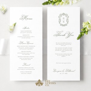 Klassisk salviagrön bröllopsmenymall, utskrivbart tackkort, redigerbar servettlapp, estetik från regencyperioden - LETTERS TO PEMBERLEY