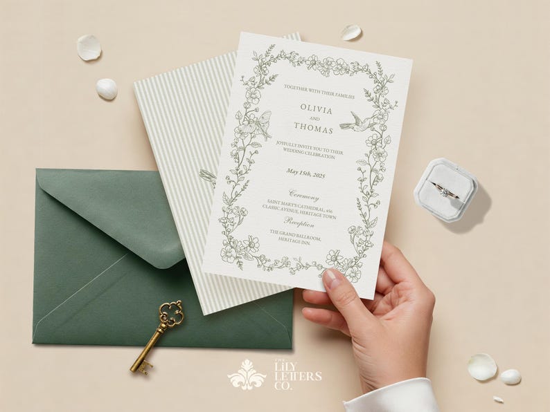 May include: Wedding invitation suite featuring a floral design with the names Olivia and Thomas. Includes a green envelope, striped card, and a small ring box with a ring. A vintage key is also present.