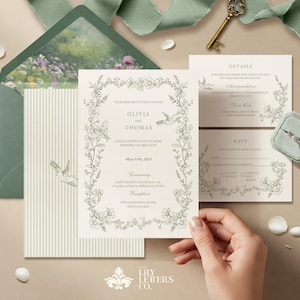 Sage Green Wedding Invitation Template Set, Minimalist Garden Invite Suite, Editable Woodland Stationery, Coquette Aesthetic - SECRET GARDEN
