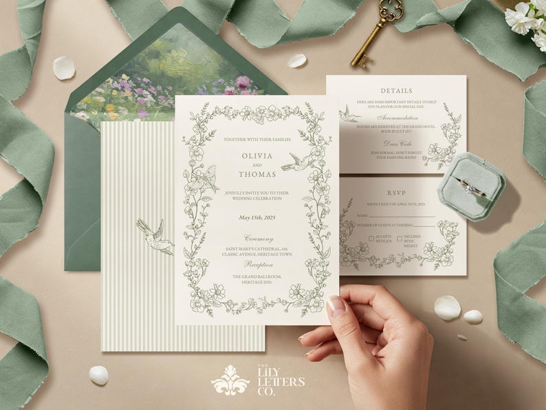 May include: Wedding invitation suite featuring floral and hummingbird illustrations. The suite includes an invitation, details card, and RSVP card. The invitation is adorned with a floral border and the names Olivia and Thomas. A ring is in a light green box.