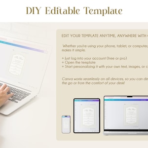 K&ouml;nnte beinhalten: Ein Laptop mit einem bearbeitbaren Vorlagendesign, mit dem Text "DIY Editable Template". Das Bild zeigt auch ein Telefon, ein Tablet und einen weiteren Laptop, die alle dieselbe Vorlage anzeigen. Der Text ermutigt Benutzer, Vorlagen mit Canva zu bearbeiten.