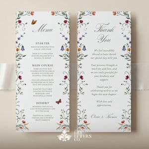 Modèle de menu de mariage fleurs sauvages, carte de remerciement imprimable, note de serviette de table, menu floral dessiné à la main, esthétique florale - JARDIN SAUVAGE