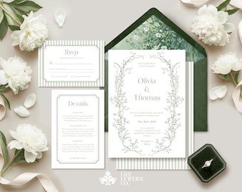 Green Wedding Invitation Template Set, Classic Minimalist Garden Invite Suite, Editable Striped Stationery, Elegant French Aesthetic - INV22