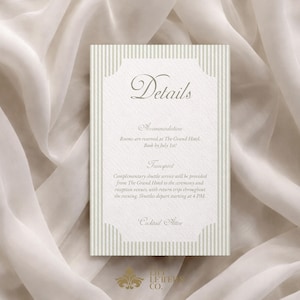 Puede incluir: Una tarjeta rectangular con la palabra "Details" en escritura elegante. La tarjeta tiene un fondo beige claro con rayas verticales y un borde decorativo. El texto detalla el alojamiento y el transporte para un evento.