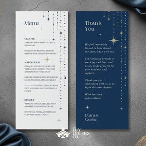 May include: Elegant wedding menu and thank you cards. The menu card features a list of dishes, while the thank you card has a message of gratitude. Both cards have a navy blue and white color scheme with gold accents.