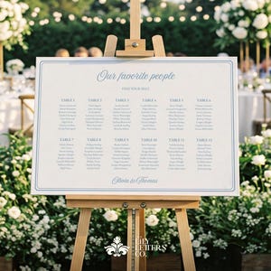 Puede incluir: Un caballete de madera muestra un plano de asientos con el texto "Nuestra gente favorita" y los nombres de los invitados organizados por número de mesa. El letrero tiene un borde azul claro y está instalado al aire libre para una boda o evento.