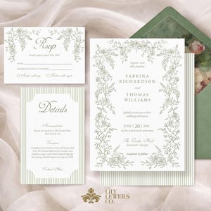 Puede incluir: Elegante juego de invitaciones de boda con ilustraciones florales en un suave tono verde. Incluye una invitaci&oacute;n principal, tarjeta de confirmaci&oacute;n y tarjeta de detalles, con un sobre verde a juego. Los nombres son Sabrina Richardson y Thomas Williams.