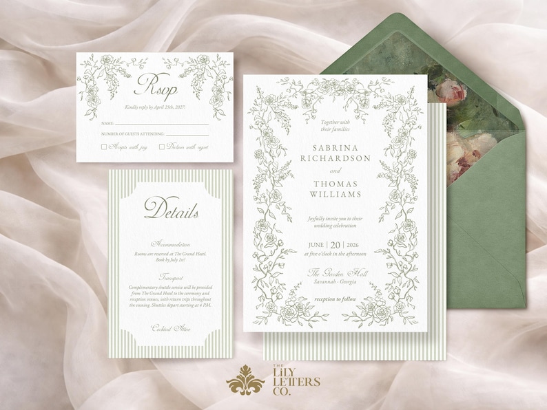 Puede incluir: Elegante juego de invitaciones de boda con ilustraciones florales en un suave tono verde. Incluye una invitaci&oacute;n principal, tarjeta de confirmaci&oacute;n y tarjeta de detalles, con un sobre verde a juego. Los nombres son Sabrina Richardson y Thomas Williams.