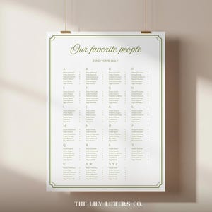 May include: A white rectangular seating chart poster with a thin olive green border. The text reads Our favorite people and FIND YOUR SEAT, followed by an alphabetical list of names organized into columns labeled A through Z. The Lily Letters Co.