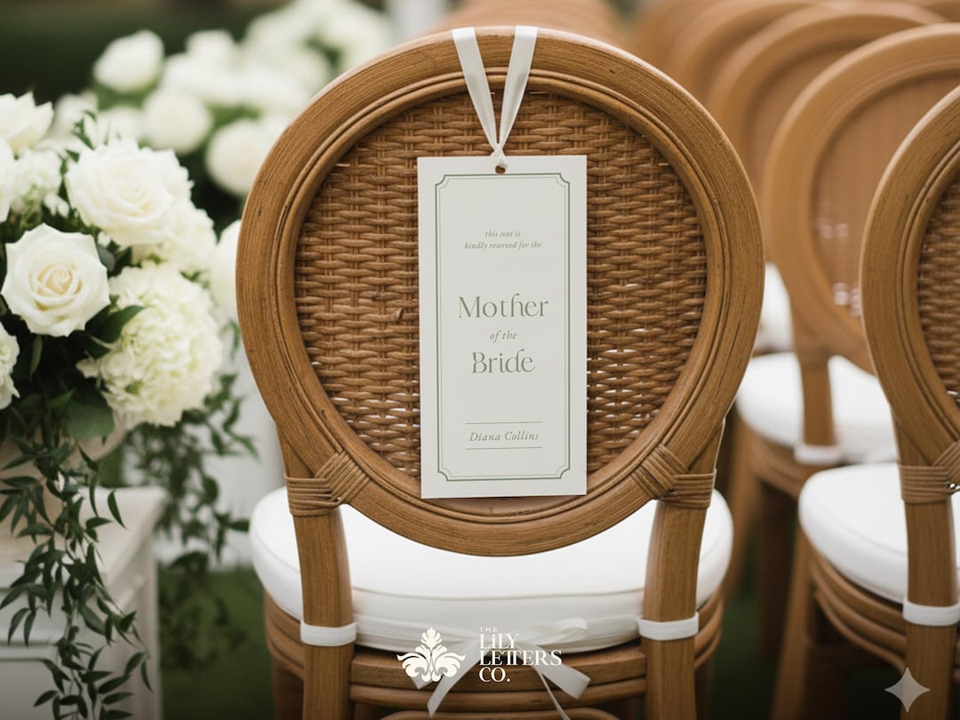 Seating Labels Examples Sage Green Reserved Chair Tag Template, Classic Wedding Seating Sign ...