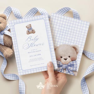 Blue Baby Shower Invitation Template, Baby Boy Teddy Bear Editable Invite, Blue Gingham Stationery, Vintage Cottagecore Style - BABY BEAR