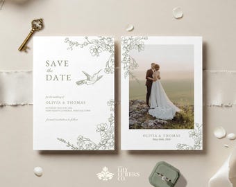 May include: Save the date wedding invitation with a floral border and a hummingbird illustration. The invitation includes the names Olivia & Thomas and the date May 1st, 2026.