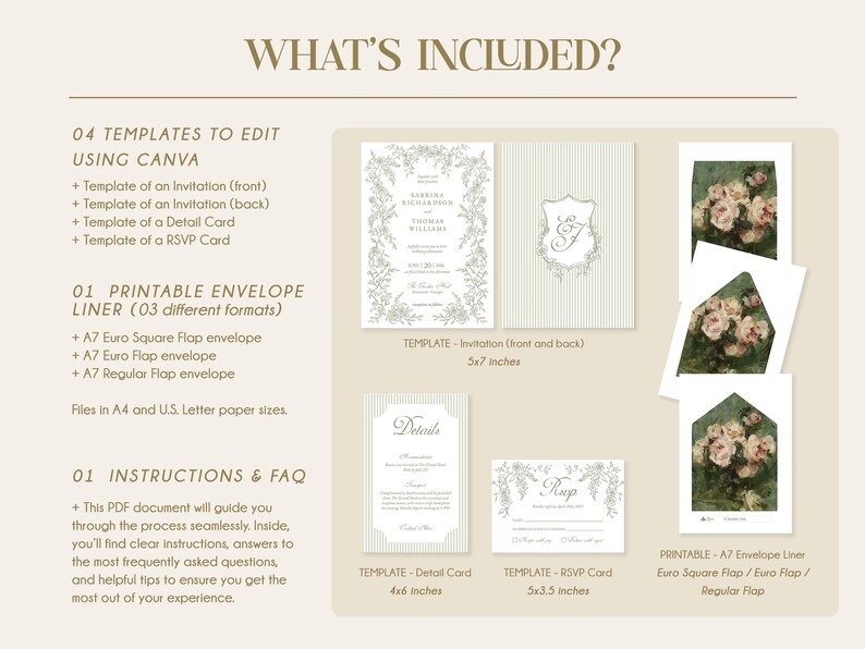 Puede incluir: Un conjunto de invitaciones de boda beige con dise&ntilde;os florales y a rayas. Incluye plantillas de invitaci&oacute;n, tarjetas de detalles, tarjetas RSVP y forros de sobres. La invitaci&oacute;n mide 12,7x17,8 cm, y la tarjeta de detalles mide 10,2x15,2 cm.
