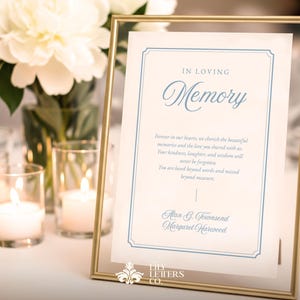 May include: A framed sign with the words "IN LOVING Memory" in elegant script. The sign includes a heartfelt message and names. The frame is gold, and the background features candles and flowers, creating a warm, memorial atmosphere.