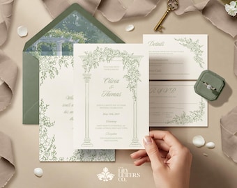 Sage Green Wedding Invitation Template Set, Minimalist Garden Invite Suite, Editable Classic Stationery, Coquette Aesthetic - CLASSIC GARDEN