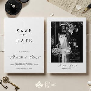 Elegante suite di modelli Save the Date, modello Save our Date classico e minimalista, biglietto di auguri moderno in bianco e nero modificabile da Canva - BLANC & NOIR
