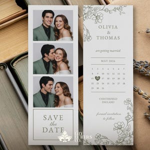 Bladwijzer: Save the Date, Photo Booth-strooksjabloon met kalender, saliegroene trouwaankondiging, canvas bewerkbare kaart - Secret Garden