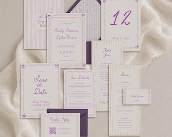 May include: A wedding stationery suite featuring off-white paper with purple text and decorative borders. Includes a Save the Date, invitation, RSVP card with QR code, menu, thank you card, place card, and envelopes with purple striped patterns.