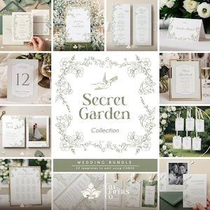 May include: A collection of wedding stationery featuring floral and hummingbird illustrations. Includes invitations, table numbers, menus, and photo guestbook cards. The text "Secret Garden Collection" is displayed.