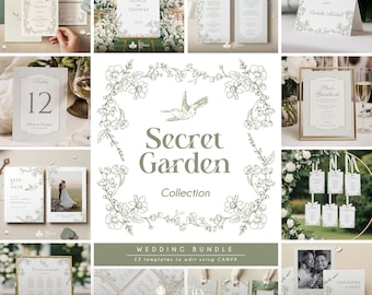 Hochzeits-Briefpapier-Bundle-Vorlage, salbeigrünes Vintage-Einladungsset mit Blumen, elegantes handgezeichnetes Canva-bearbeitbares Briefpapier - SECRET GARDEN
