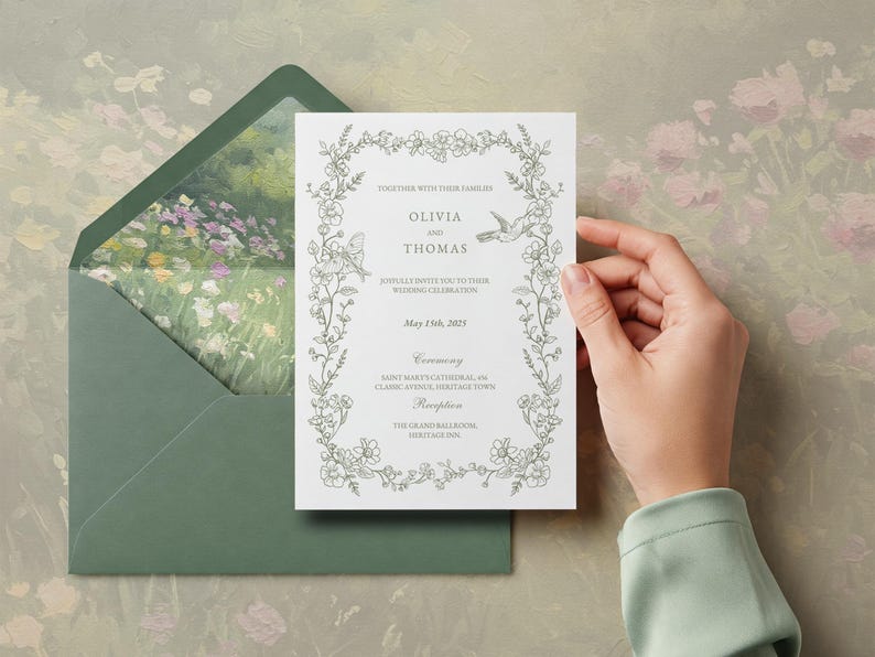 May include: A wedding invitation with floral border and hummingbird illustrations. The invitation is held by a hand and is inside a green envelope. The text on the invitation reads "Olivia and Thomas" and the date "May 15th, 2025".
