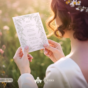 Plantillas de invitación de boda en verde salvia, diseño minimalista de jardín, papelería editable con temática de bosque, estética coqueta - INV25 imagen 11