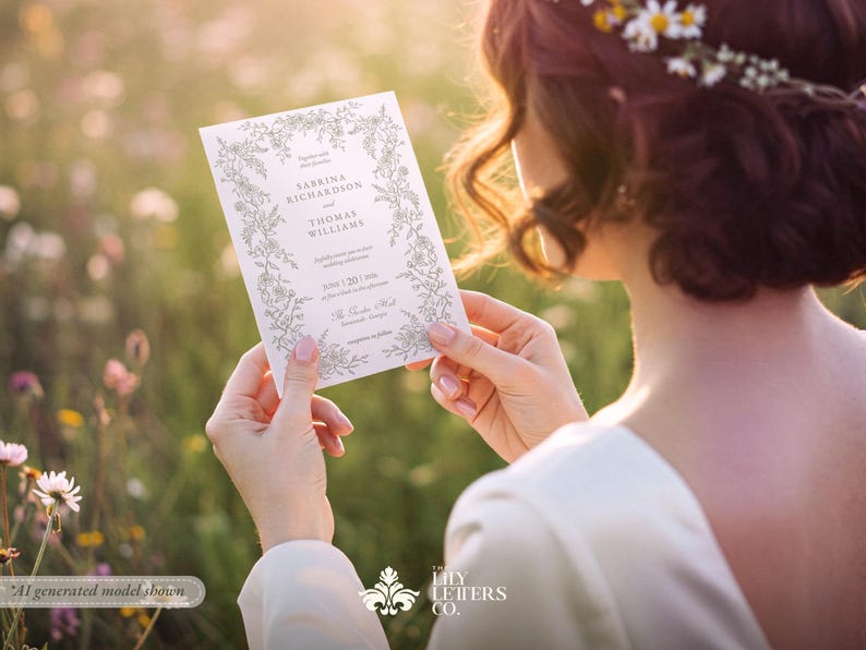 Plantillas de invitación de boda en verde salvia, diseño minimalista de jardín, papelería editable con temática de bosque, estética coqueta - INV25 imagen 11