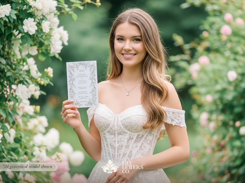Plantillas de invitación de boda en verde salvia, diseño minimalista de jardín, papelería editable con temática de bosque, estética coqueta - INV25 imagen 13