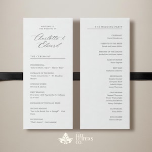 May include: Two white wedding programs with black text. The left program lists the ceremony details, including the names of the bride and groom, Charlotte & Edward. The right program lists the wedding party.