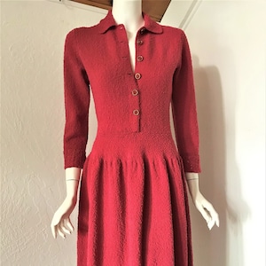 Vintage 40s Watermelon Pink Knit Sweater DRESS Nubby Crochet Details Glass Buttons Fit n Flare