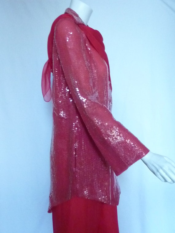 BILL BLASS 3 Pc Red Silk SEQUINS Chiffon Tunic Pa… - image 8