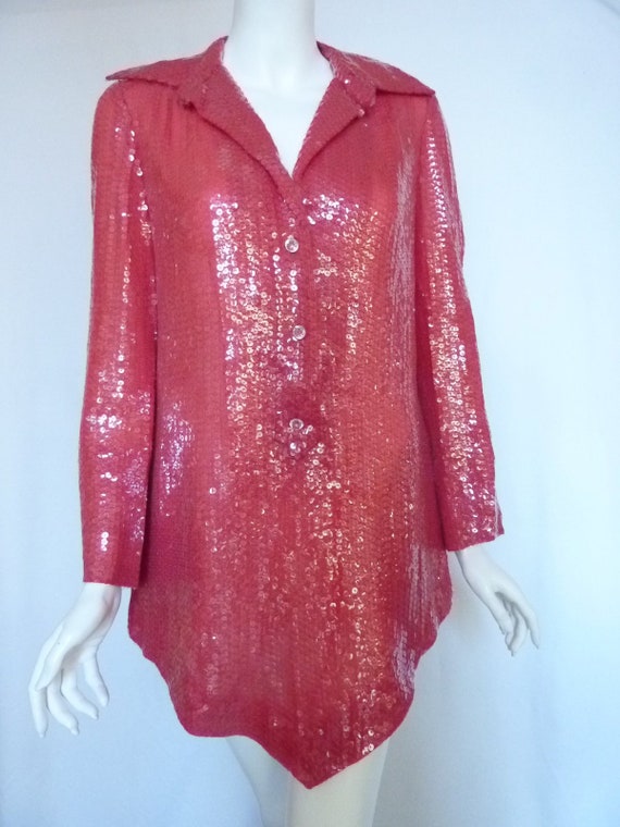 BILL BLASS 3 Pc Red Silk SEQUINS Chiffon Tunic Pa… - image 1