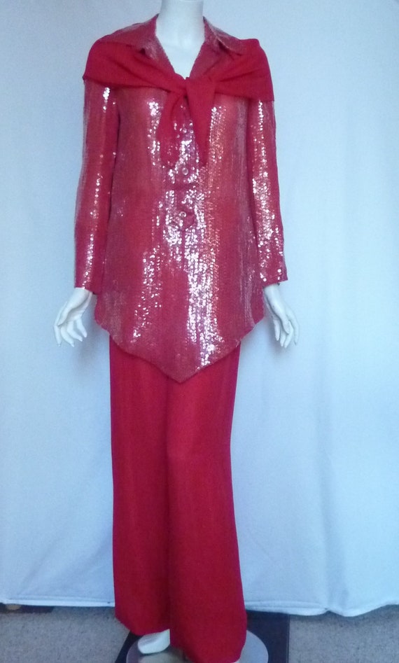 BILL BLASS 3 Pc Red Silk SEQUINS Chiffon Tunic Pa… - image 3