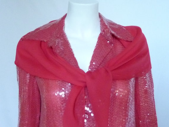 BILL BLASS 3 Pc Red Silk SEQUINS Chiffon Tunic Pa… - image 10