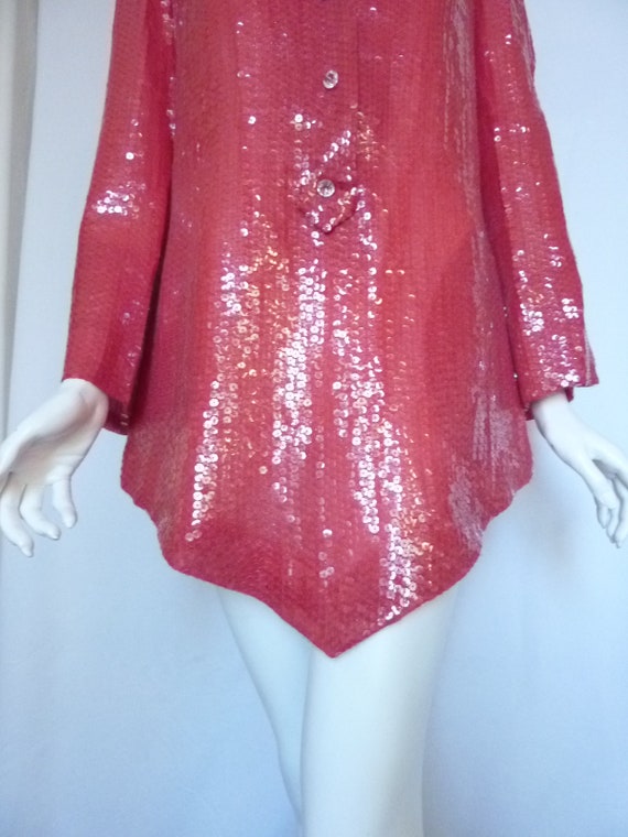 BILL BLASS 3 Pc Red Silk SEQUINS Chiffon Tunic Pa… - image 9