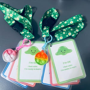 May include: Two green daisy-patterned lanyards with black buckles. Each lanyard holds a clear card with the text "I'm OK" and a small, colourful pop-it toy. The cards have a green alien graphic and the text "I feel calm, I'm ready to learn."