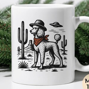 Western Poodle Cowboy Mugg med UFO Alien Desert Art Rolig Kaffekopp