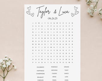 Peut inclure: Un jeu de recherche de mots sur le thème du mariage, blanc, avec les noms "Taylor & Luca" et la date "06.24.25". Le puzzle comprend des mots comme "Forever", "Bride" et "Wedding", avec des illustrations de cœurs.