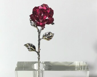 Red Crystal Long Stem Rose In 5 In Square Crystal Vase - Red Crystal Flower In Crystal Vase - 15 Year Anniversary