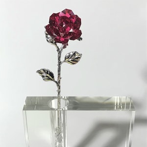 Red Crystal Long Stem Rose In 5 In Square Crystal Vase - Red Crystal Flower In Crystal Vase - 15 Year Anniversary